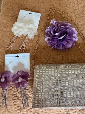 Gold Beaded Evening Clutch with Purple Flower Accent